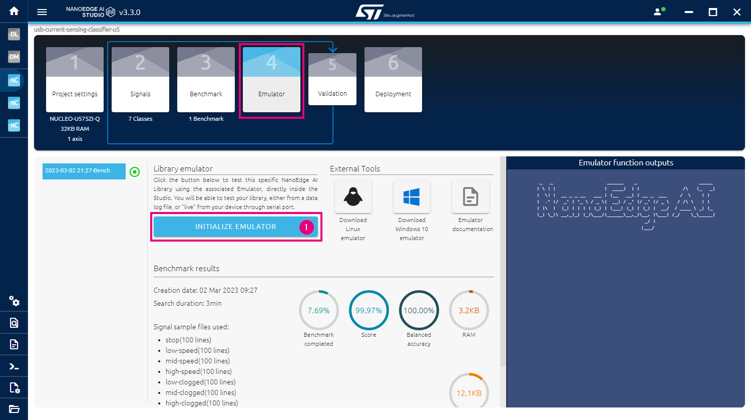 Initialize the emulator for current sensing classifier