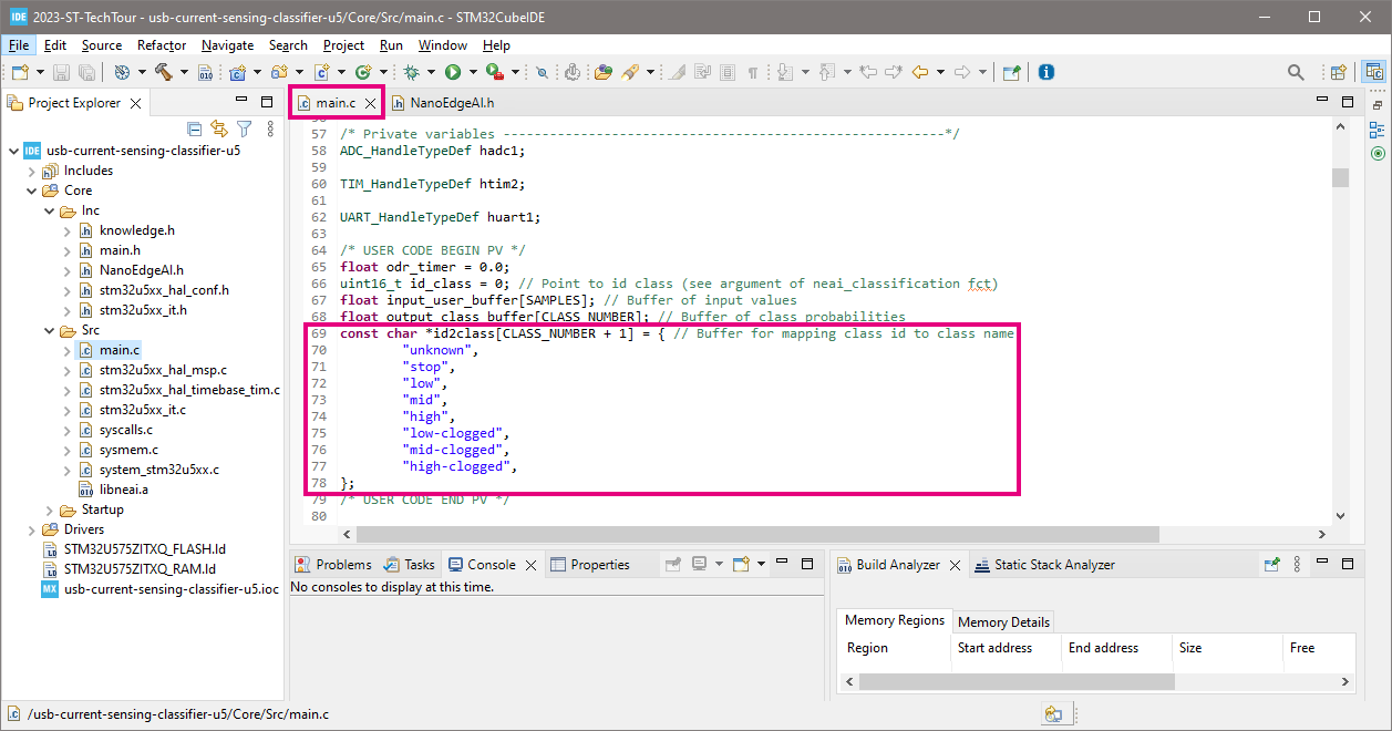 Paste copied code to main.c for current sensing classifier