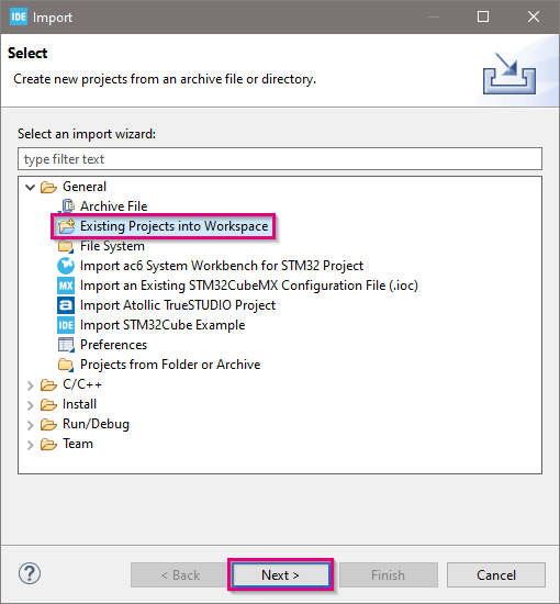 Pop-up window when importing project in STM32CubeIDE