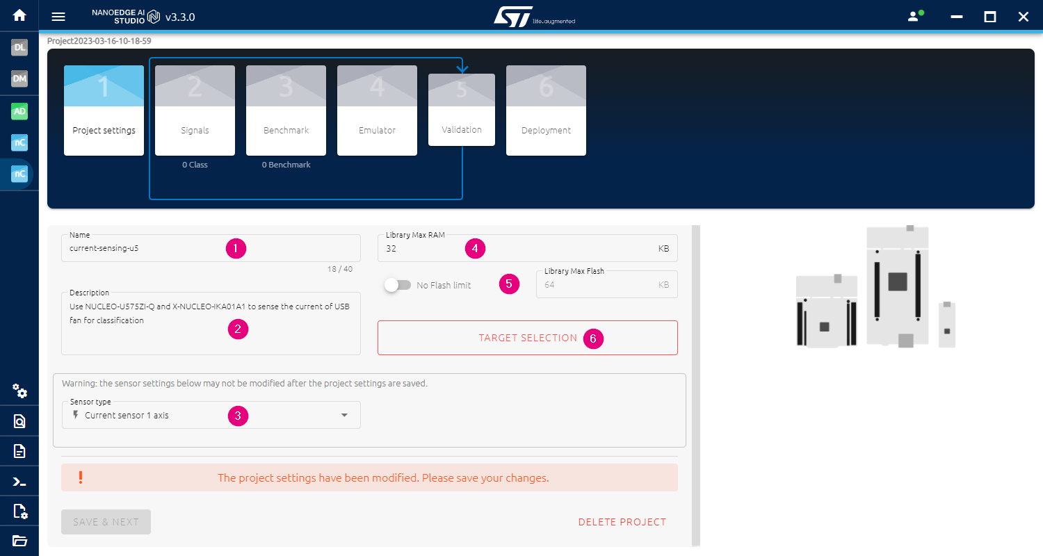 Project settings for current sensing classifier