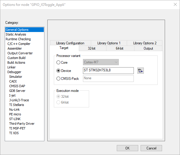 SECURITY Nucleo H7S device IAR options window.png