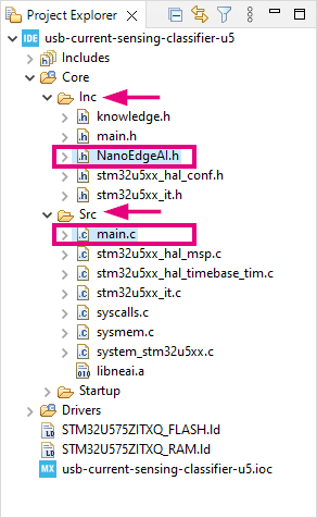 STM32CubeIDE project explorer for current sensing classifier