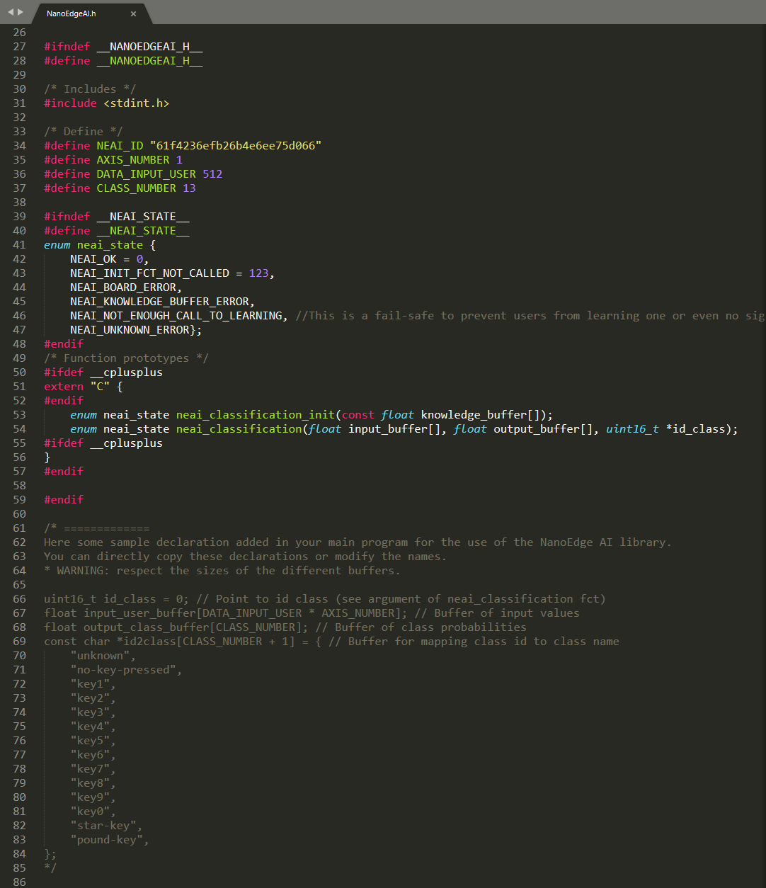 NanoEdge AI library header file code