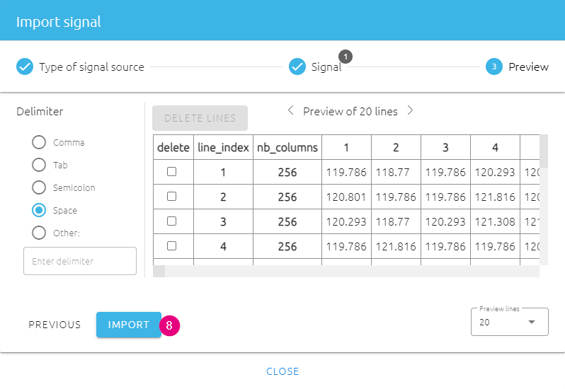 Current sensing classifier - preview collected data and finish import for one class