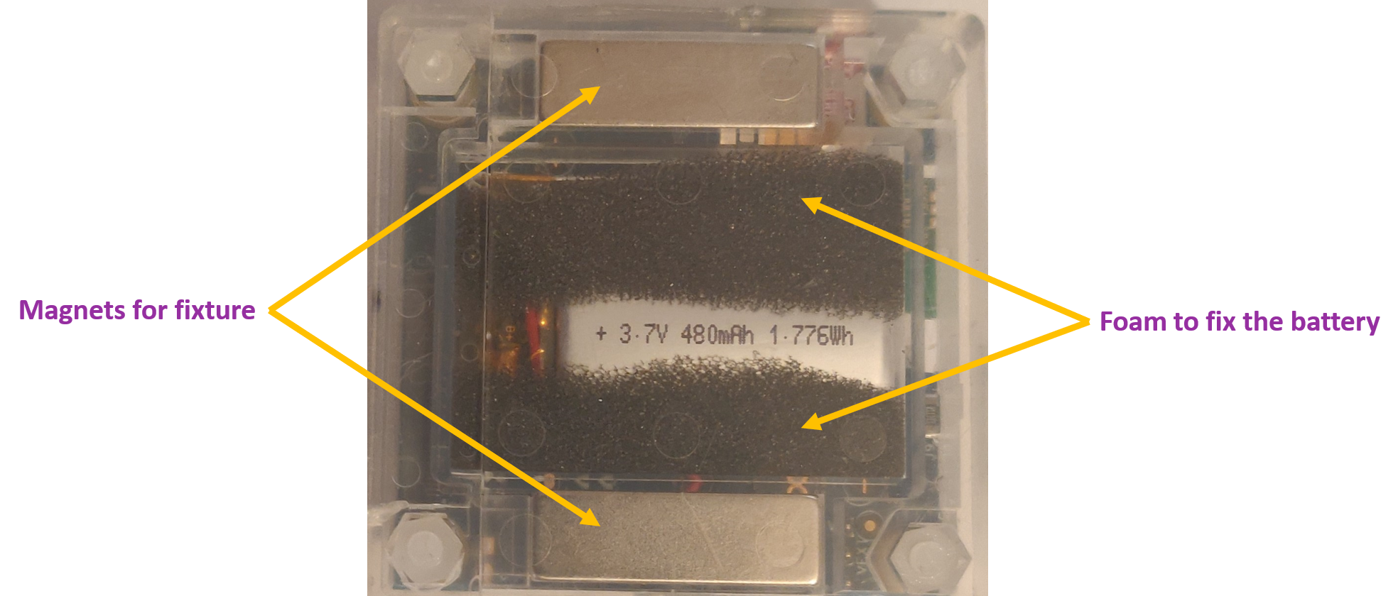 Bottom View - Magnets and foam in the STWIN case for fixation