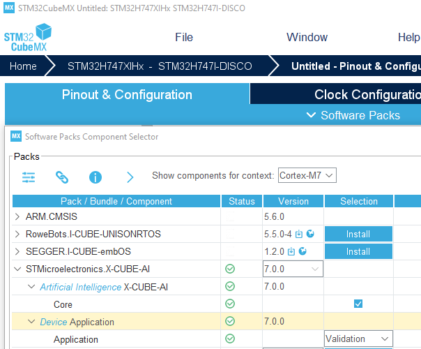 STM32CubeMX X-CUBE-AI software pack selector