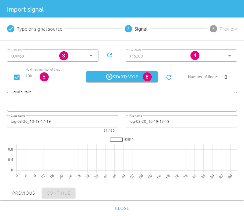 Current sensing classifier - configure of datalogging via USB