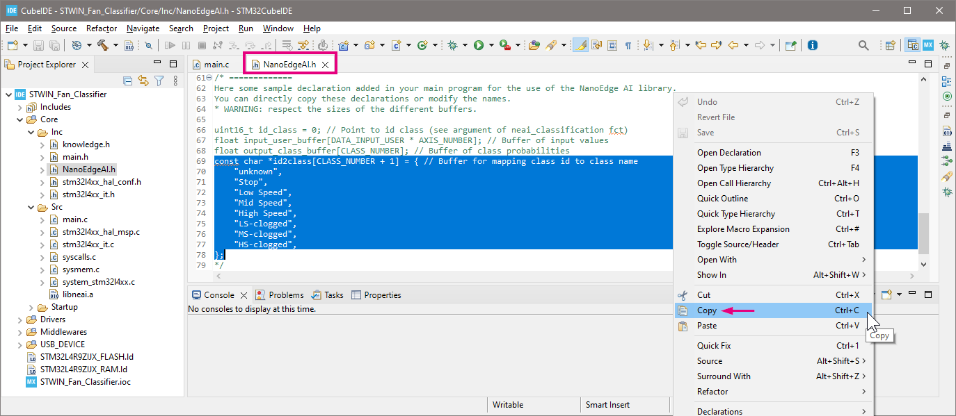 Copy buffer declaration from NanoEdgeAI.h for STWIN fan classifier