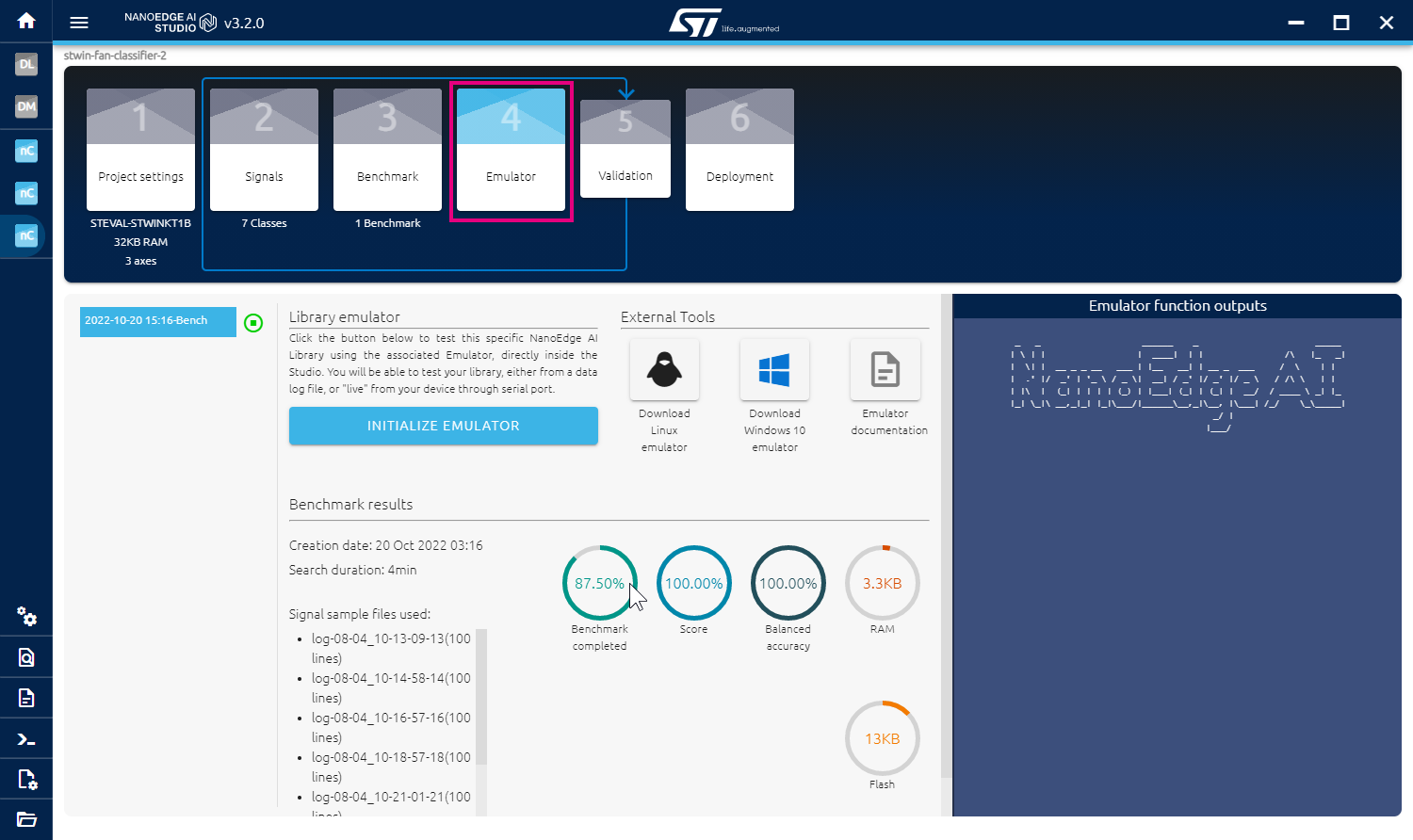 Initialize NEAI emulator for STWIN fan classifier