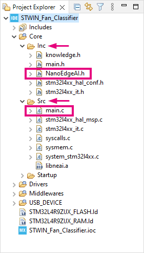 STM32CubeIDE project explorer for STWIN_Fan_Classifier