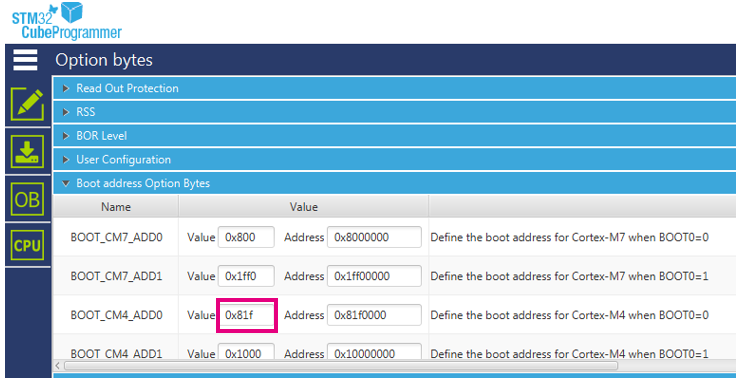 STM32H747 modified Option Bytes