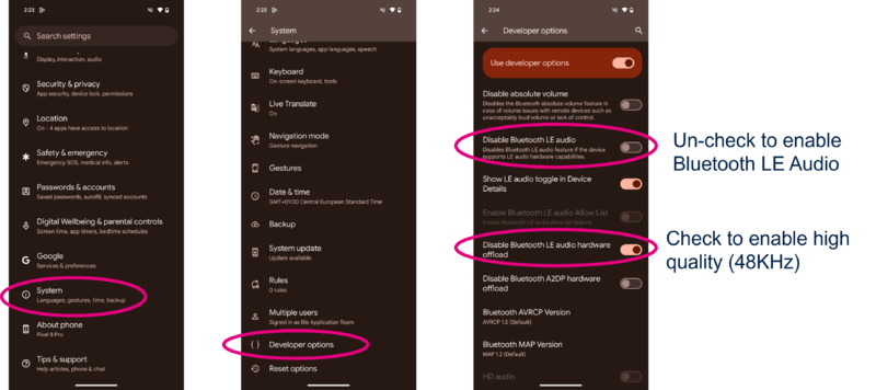 How to enable LE Audio on Google Pixel smartphones