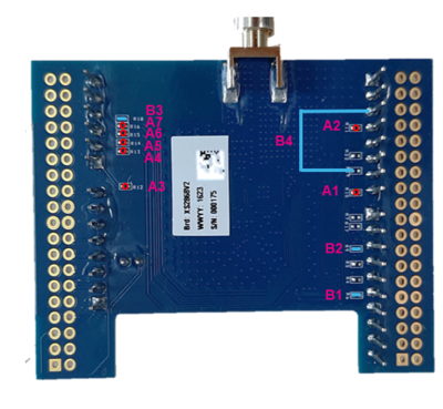 Figure showing modifications to be done on the bottom side of the X-Nucleo-S2868A2 of the Receiver and display module.