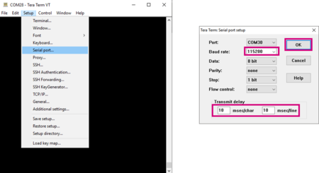 Setting up the configuration parameters of the serial connection to enable the PC to communicate with the sensor board using (CLI) application of FP-AI-NANOEDG1.