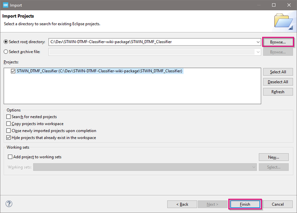 Selecting folder when importing project in STM32CubeIDE