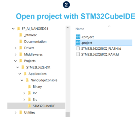 Opening FP-AI-NANOEDG1 project in STM32CubeIDE.