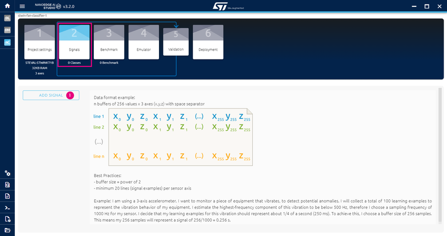 main window for data logging in NanoEdge AI Studio